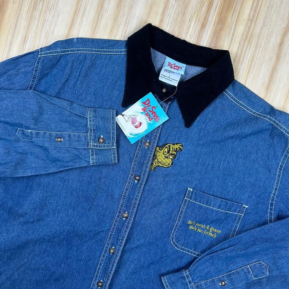 Dr. Seuss Tops - Vintage Dr. Seuss The‎ Grinch Embroidered Denim Shirt Large Christmas Deadstock
